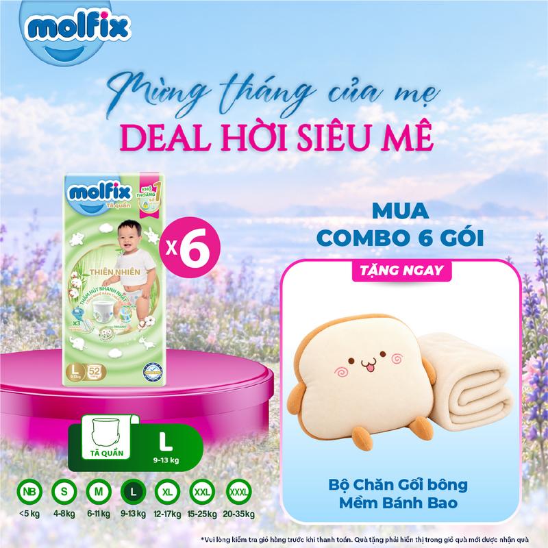 Combo 6 Tã Quần Molfix Thiên Nhiên Super Jumbo M56/L52/XL46/XXL42 Cho Bé - Organic & Sợi Tre - Thấm Hút Nhanh - Mỏng Hơn 30% - Chống Hằn Đỏ 360 Độ