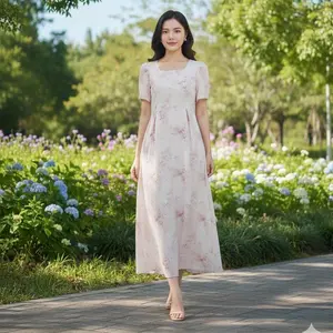 LUMI-Dress Bunga Prancis Retro Kerah Kotak Lengan Balon - Gamis Poliester Motif Musim Panas 2024 Kerut Pinggang [Tampil Langsing & Anggun]