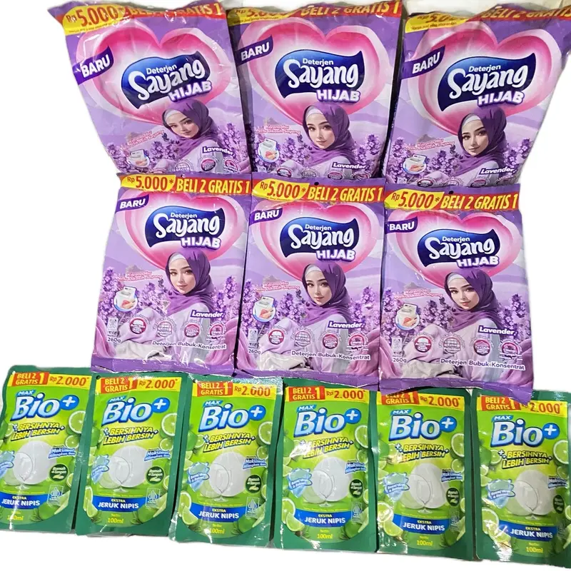 6 detergen sayang  besar 5 ribuan 260 g dan 6 sabun cuci piring hoo besar 2 rb an 1