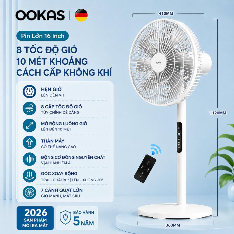 OOKAS Quạt Đứng 7 Cánh 8 Chế Độ Gió Kèm Remote Điều Khiển & Hẹn Giờ Tiện Lợi Bảo Hành 3 Năm