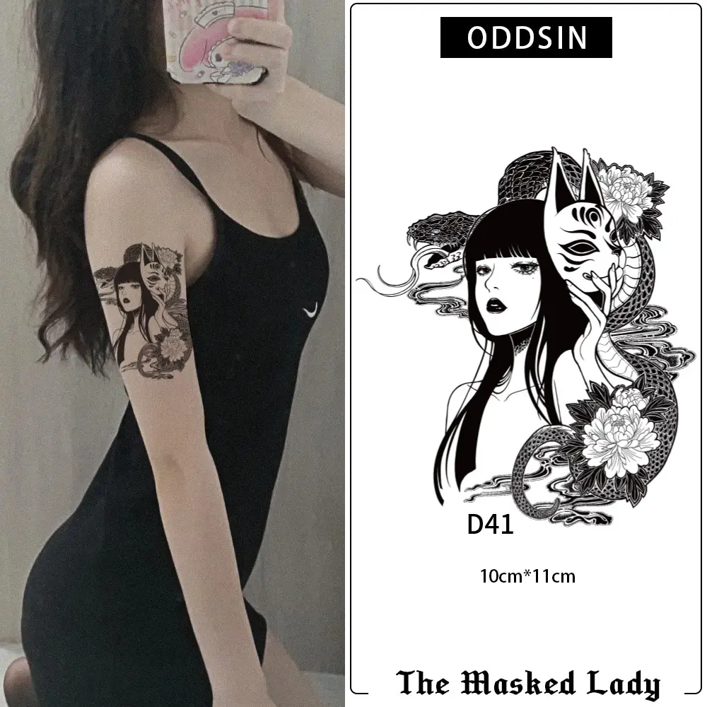Hình xăm tạm thời, Thiết kế nữ phù thủy đeo mặt nạ, Không thấm nước và lâu trôi, Prajna hình xăm, Dành cho nam và nữ, Thời lượng 7-14 ngày, Màu hình xăm thực tế, Không phản chiếu, {ODDSIN}