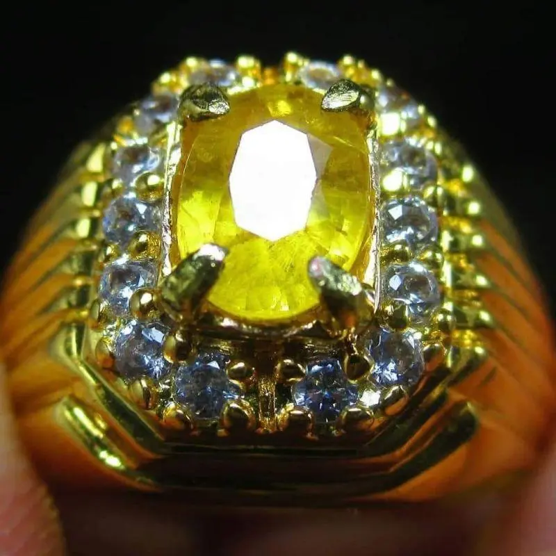 Batu Permata Alam Yellow Shafire Sri Lanka 8x6x4 mm Est dengan Cincin Alpaka Super Mewah Bertabur Zircon - Stone