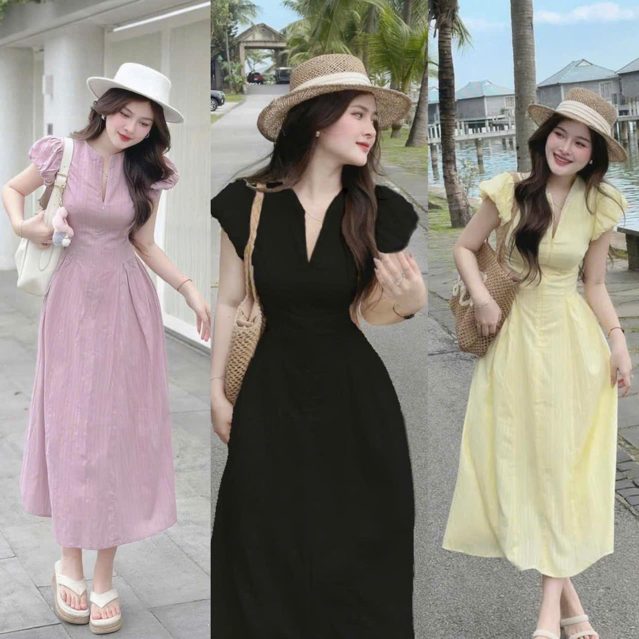 Thời Trang Bigsize Váy Dự Tiệc Phối Cổ Sơ Tim Vải Xốp Sọc 2 Lớp Cao Cấp Thanh lịch 40 - 95 Kg Nữ Đầm Women - A.1524