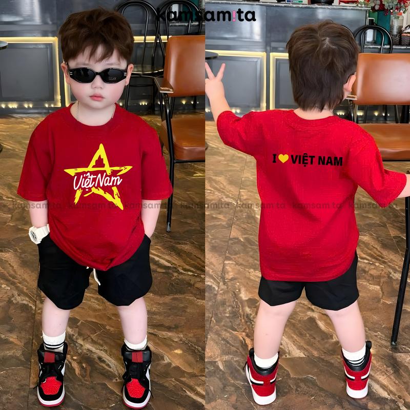 [12-100kg] Áo cờ đỏ sao vàng Việt Nam, áo thun yêu nước cho bé và gia đình cao cấp KAMSAMITA form Oversize bản đặc biệt vải cotton premium chính phẩm 95% cotton 5% spandex co giãn 4 chiều cộc tay cho bé 2-10 tuổi mặc hè thoáng mát