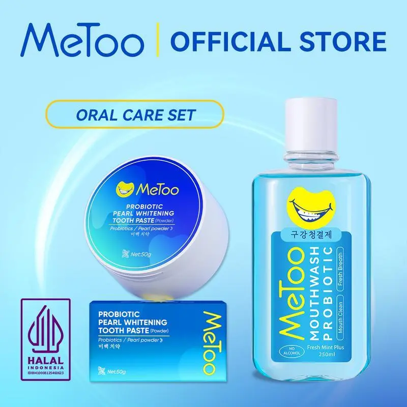 [BPOM] MeToo Teeth Whitening Powder+ Fresh Mint Mouthwash 250ml / Oral Care Set /Probiotik / nafas segar / menghilangkan bau mulut / kumur karang gigi / mengurangi noda pada gigi