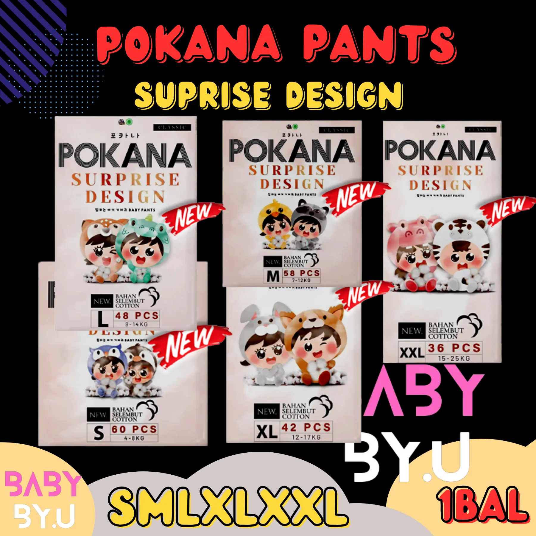 POKANA MEGA PACK DIAPERS PANTS SURPRISE DESIGN S/M/L/XL/XXL