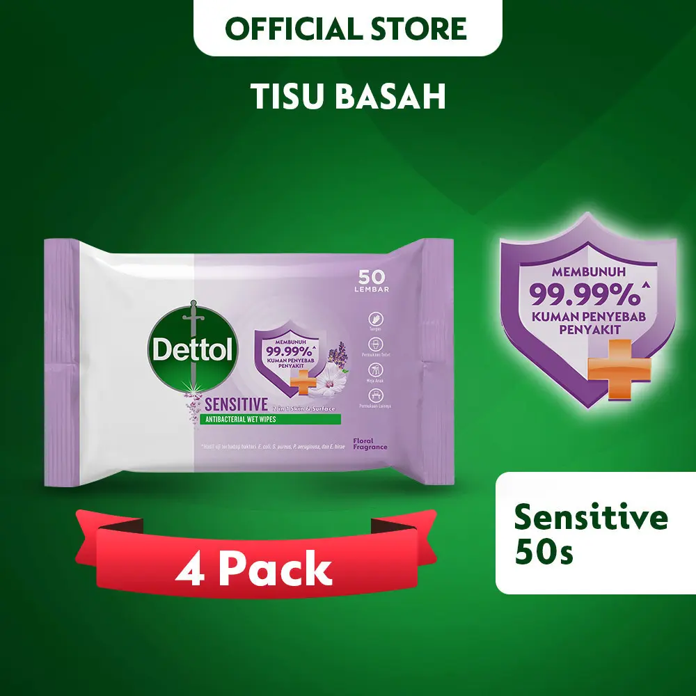 Dettol Tisu Basah Sensitive (4 Pack) x 50 Lembar Anti Bakteri