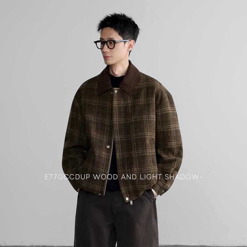GCCDUP E77 "Cha Wutai" áo khoác len kiểu vest có cổ ve, vải nỉ đan họa tiết caro ba màu, chứa 50% len, mã Q823