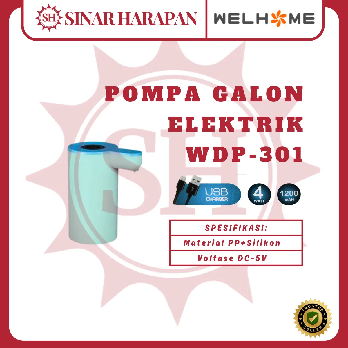 Pompa Air Galon Elektrik Welhome WDP - 301 Kabel Type C / Portable Water Electric Pump / Pompa Galon Listrik