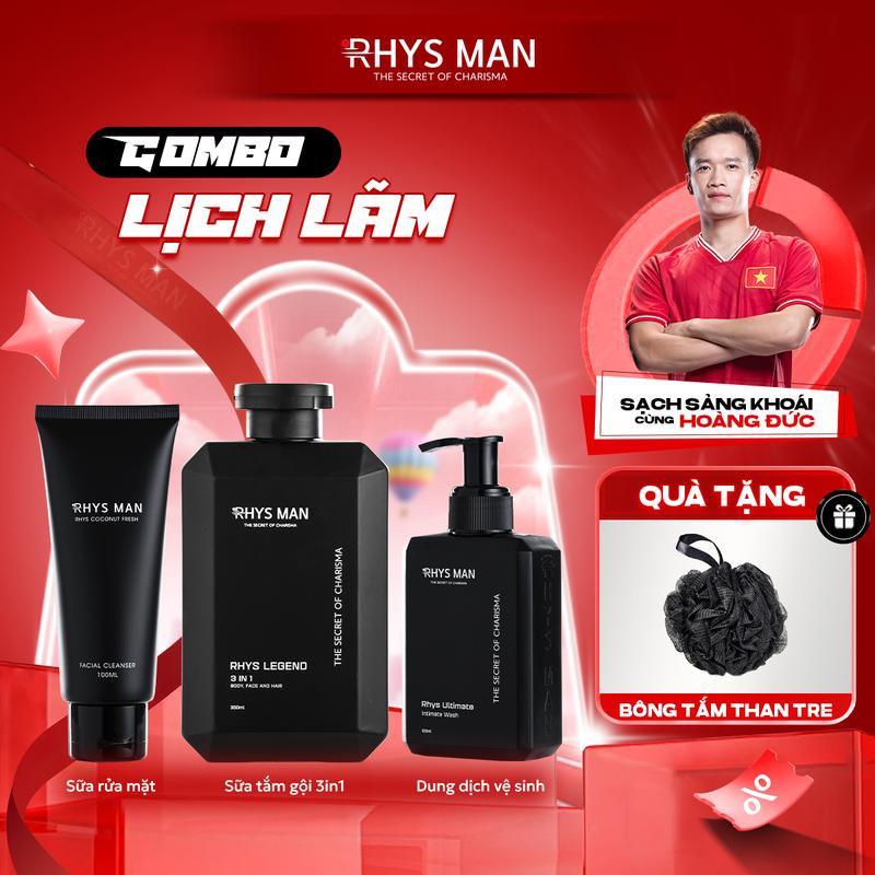 Combo Lịch Lãm RHYS MAN (Sữa tắm gội 350ml & Sữa rửa mặt hương dừa 100ml & Gel vệ sinh nam 120ml) | Tặng: 1 Set Hộp & Túi