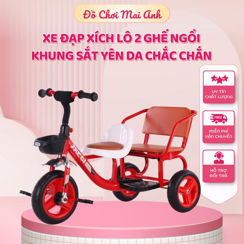 Xe đạp xích lô 2 ghế ngồi cho bé từ 2-5 tuổi khung thép yên da chắc chắn cho bé