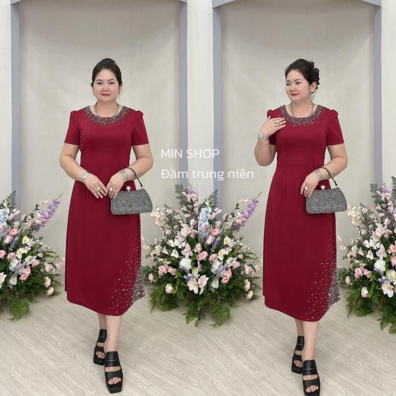 MIN SHOP - Đầm Xoè Trung Niên Cao Cấp M099Dress Nữ Màu Đen Bông Đỏ Voan Dài Tay Voi Chấm Bi Sang Trọng Thanh Lịch Chất Liệu Mango Co Giãn Phù Hợp Bốn Mùa
