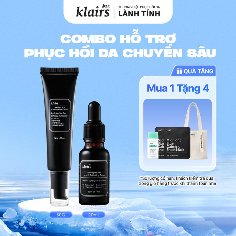 [M] Combo Dear, Klairs Tinh chất Midnight Blue Youth Activating Drop 20mL +  Dear, Klairs Kem dưỡng da Midnight Blue Clearing Water Cream 50g
