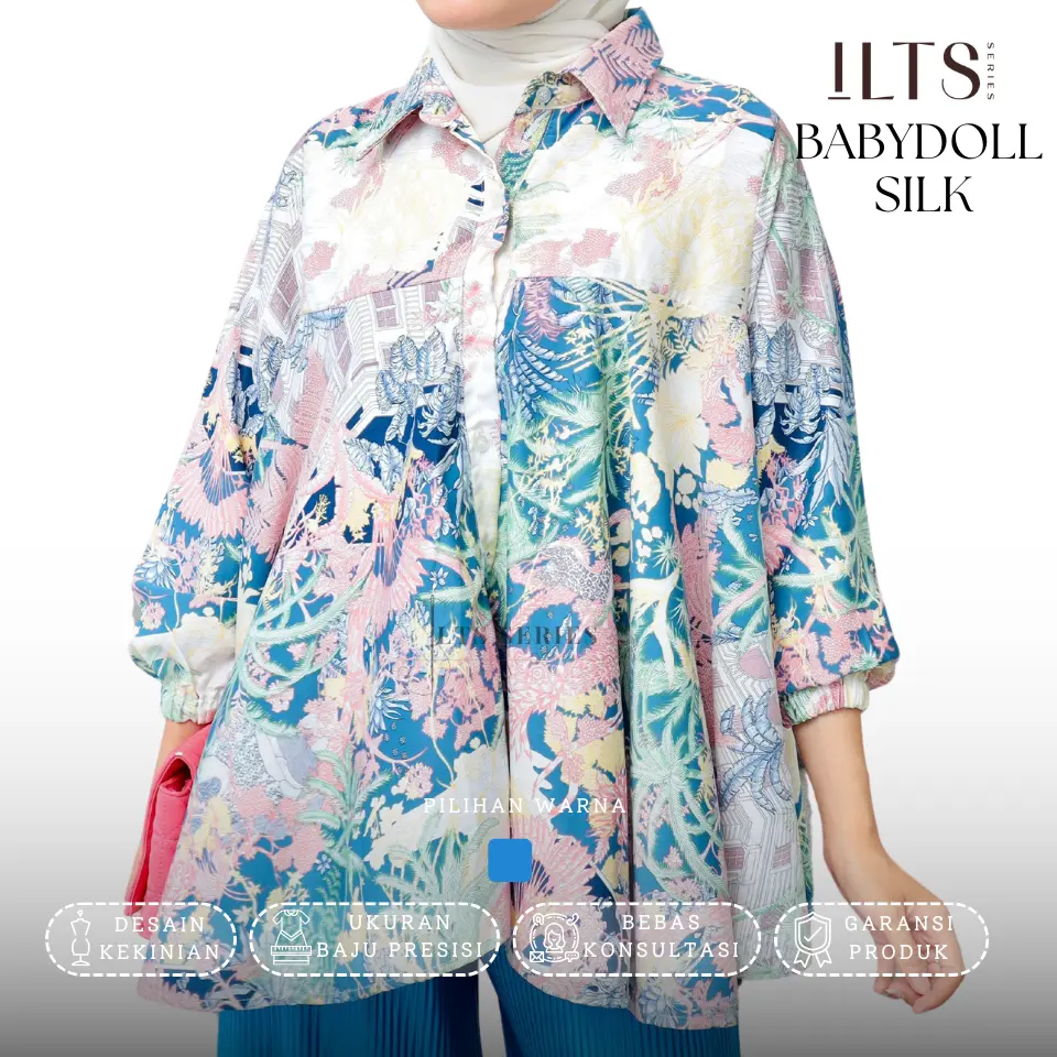 ILTS Kemeja Wanita Oversize Kekinian Bahan Silk Motif Babydoll