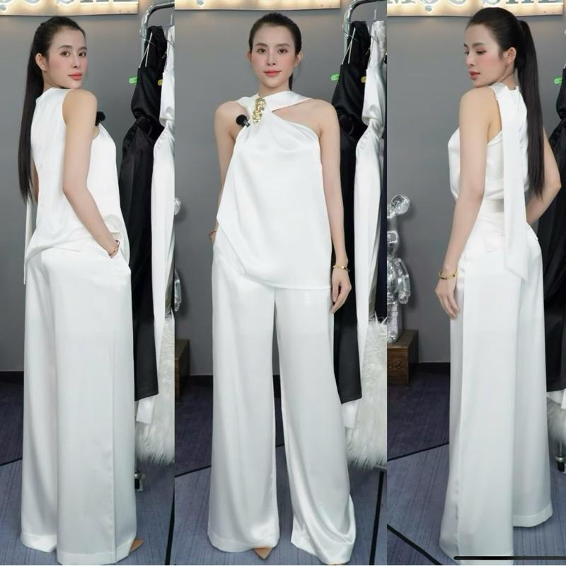 T690- Set lụa cổ yếm kèm tag cài quần ống rộng cạp cao Mộc She