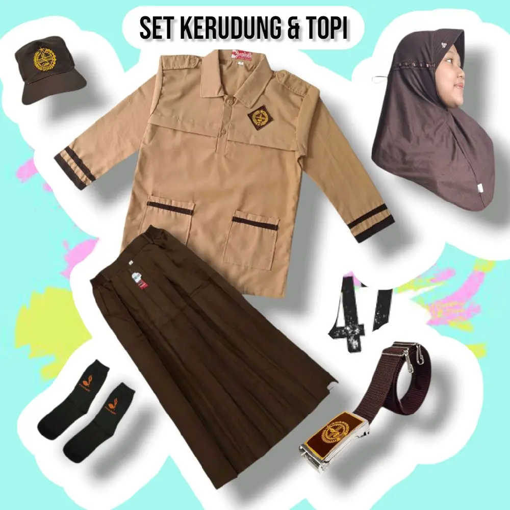 Setelan Seragam Sekolah KERUDUNG PRAMUKA Anak SD Perempuan Kemeja Panjang Rok Panjang