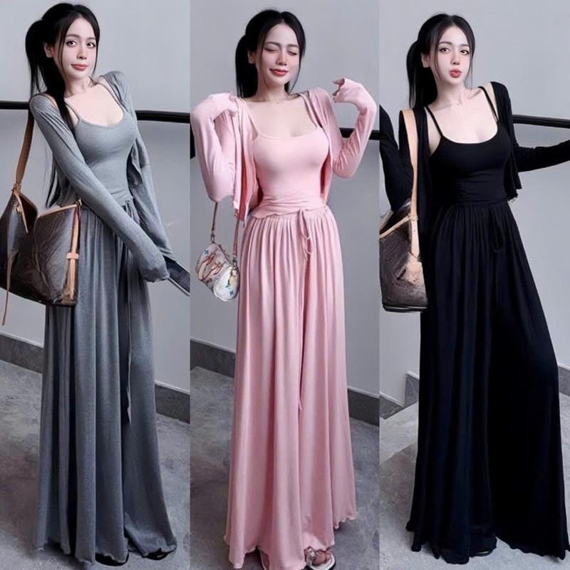 Set bộ 3 món tăm lạnh áo trong 2 dây cổ vuông kèm khoác ngoài dài tay mix quần dài ống rộng xinh xắn dành cho nàng diện di chơi. 