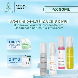 [ SUPER SELLERS VALENTINES KIT 8 ] Greenika Nia-X 1% Serum 50ML + Cocobleach Serum 50ML + Underarm Serum 50ML + Sunscreen Serum 50ML Valentines Gift for Women Survival Kit Complete Set Deodorant Bundle Gift Pack Skincare Set Skin Care Gift Ideas for Women
