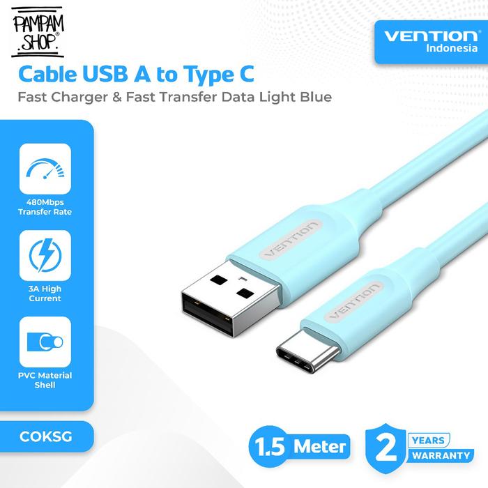 Gambar VENTION COKSG Kabel Data USB 2.0 to Type C Fast Charging 3A Light Blue 1.5 Meter 1.5M PVC Cable Tipe C Quick Charge dari Pampam Shop Kab. Tangerang Tokopedia
