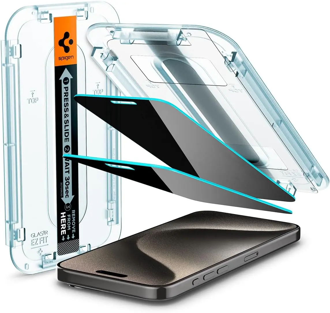 SPIGEN 2PACK Tempered Glass Screen Protector Privacy [Glas.tR EZ Fit Privacy] iPhone 16 Pro Max / iPhone 15 Plus / iPhone 14 Pro / iPhone 13 / iPhone 12 Tempered Glass Protection Fingerprint Installation Resistance Cellphone Smartphone
