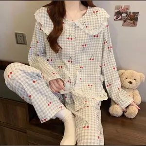 PP Piyama Wanita Dewasa Kekninian Sleepwear Cantik Setelan Baju Tidur Atasan Lengan Panjang Celana Panjang Bahan Katun Halus Nyaman