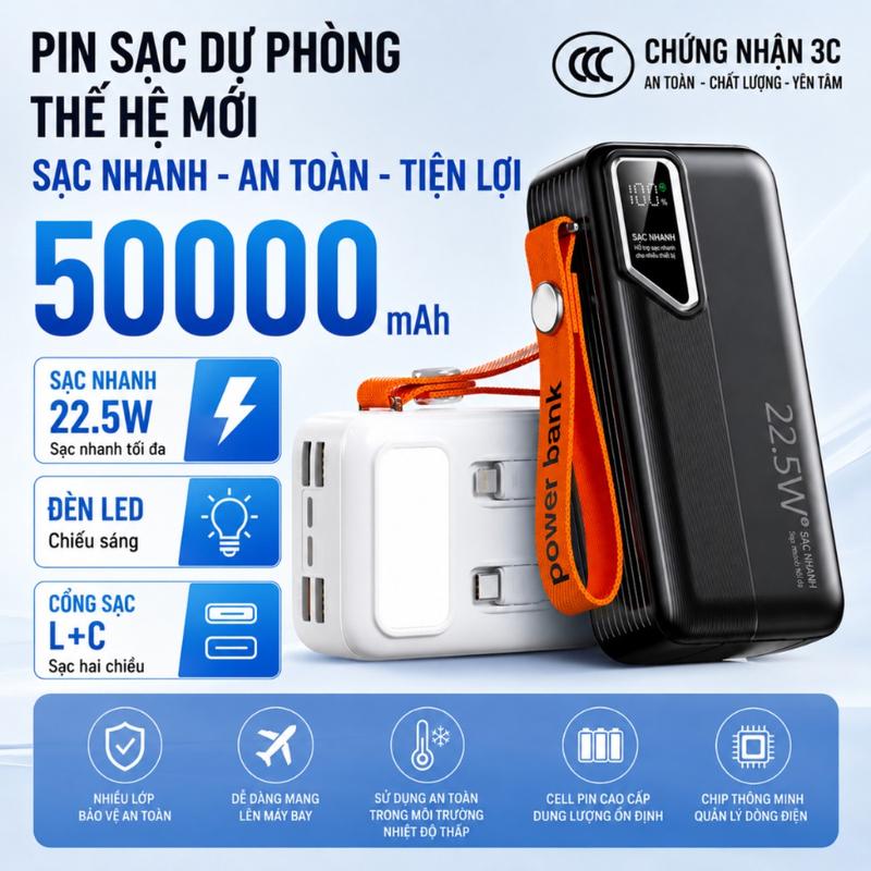 Sạc dự phòng 50000mah hỗ trợ sạc nhanh nhiều thiết bị có kèm 2 đầu sạc và đèn chiếu sáng
