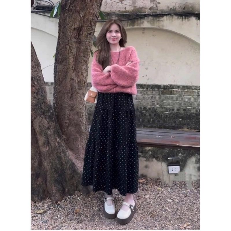  Chân váy maxi chấm bi 3 tầng ,2 lớp  dài 86cm hotrend cạp chun nhún ly mặc đi làm đi học đi du lịch biển chân váy dài 