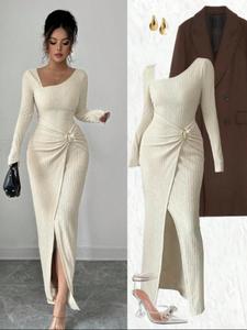 Vestido largo de color sólido y torcido para mujer, cuello asimétrico, textura tejida ajustada al cuerpo, diseño con abertura, atuendos elegantes para mujer, ropa de otoño para mujer, ropa modesta de invierno para mujer