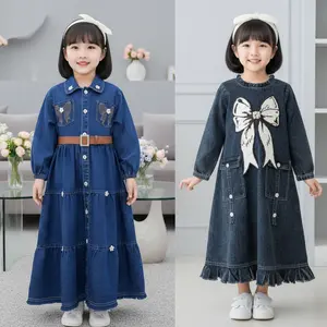 Gamis Aqila Bordir Full Jeans Anak Perempuan Muslimah Kekinian Bahan Full Jeans Farian + free Belt Lengan Panjang Usia 3 - 10 Tahun Gamis Kekinian Kombinasi Lengan Panjang Baju Muslim Anak Perempuan Gams Lebaran Anak Perempuan Terbaru 2026