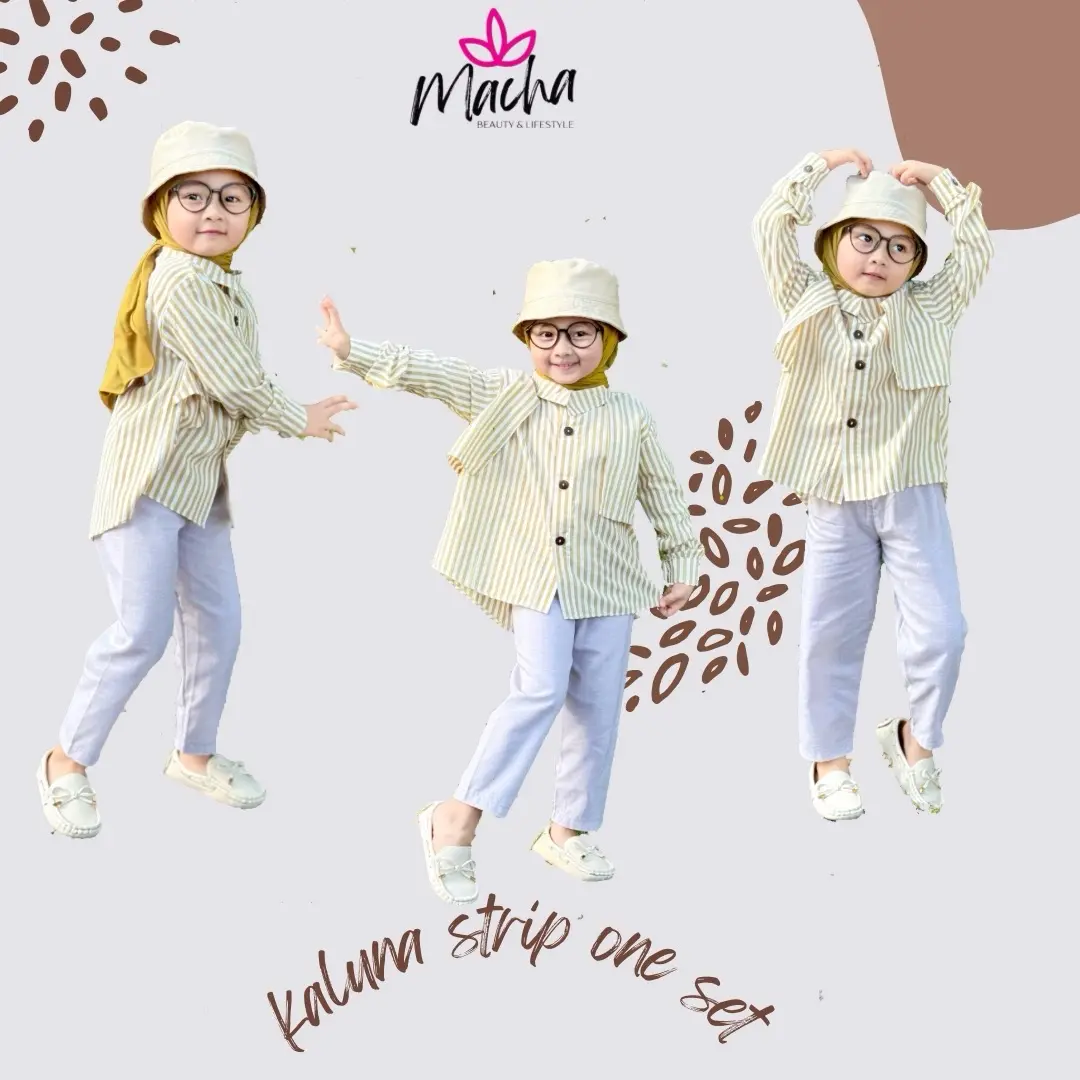 MACHA - KALUNA STRIPE ONE SET ANAK SETELAN ANAK PEREMPUAN Baju Celana Kids Fashion ±5-7th l 9-10 tahun set el kemeja  korean