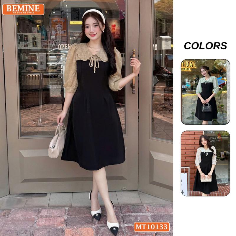 Đầm thiết kế BEMINE cổ V phối ren thêu hoa tay lửng dáng chữ A phù hợp đi làm, đi chơI-MT10133