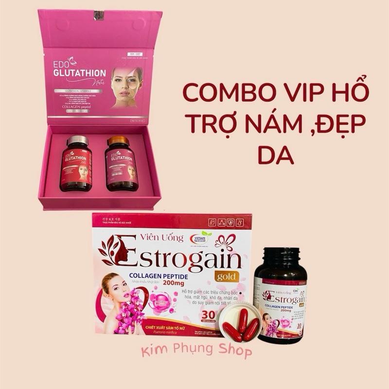 COMBO VIP NÁM TẶNG 3 VĨ VITAMIN C Viên Uống GLUTATHIONE VITAMIN E 1 Hộp 2 Lọ 60 Viên Ngày Đêm kèm ESTROGAIN GOLD - Hổ trợ chăm sóc sắc đẹp mờ thâm sạm ,nám ,tàn nhang,ổn định nội tiết