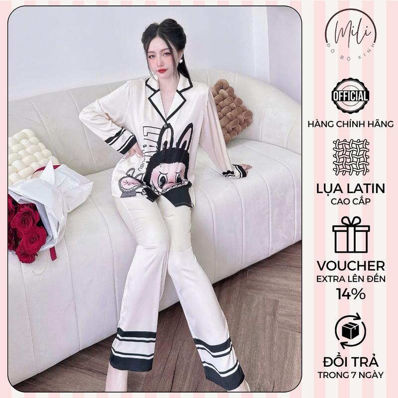 Đồ Bộ Pijama Nữ Big Size MiLi – Lụa Latin Cao Cấp, Áo Tay Dài Cổ Vuông Labubu, Quần Dài Có Túi, Đồ Ngủ Xinh