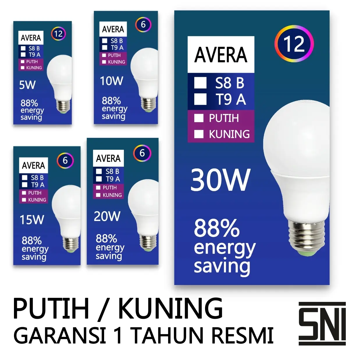 Bohlam LED 5 Watt 10 Watt 15 Watt 20 Watt 30 Watt Putih Kuning BULB Lampu