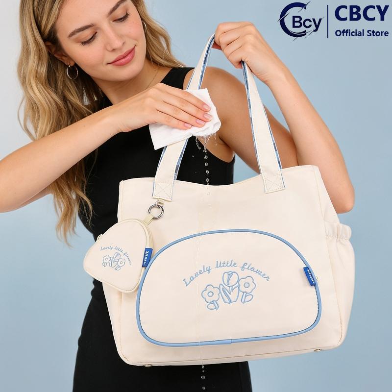 CBCY Tas Tote Anti Air Wanita Putih Bordir 3D Lucu Dilengkapi Dompet Bisa Muat Laptop 14 Inci Tas bahan kain serbaguna sage tote bag