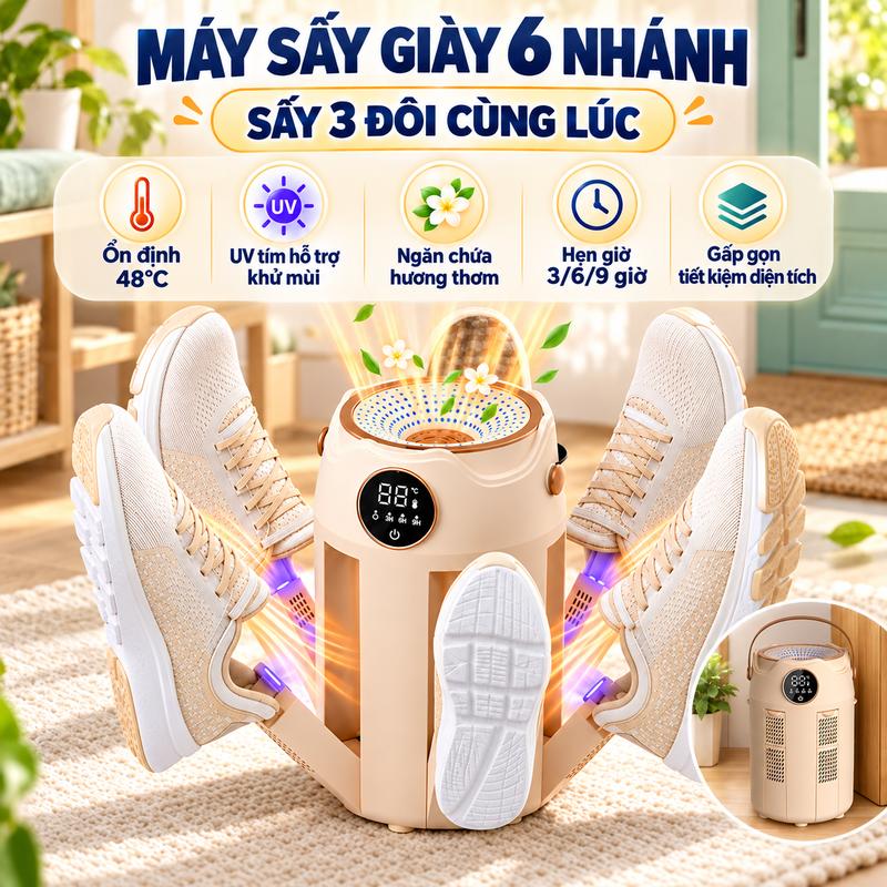 Máy sấy giày thông minh 6 cánh tay hẹn giờ nhanh khô, gấp gọn, khử mùi, dùng được cho cả giày khô và ướt, tự động hoàn toàn, máy sấy gia dụng