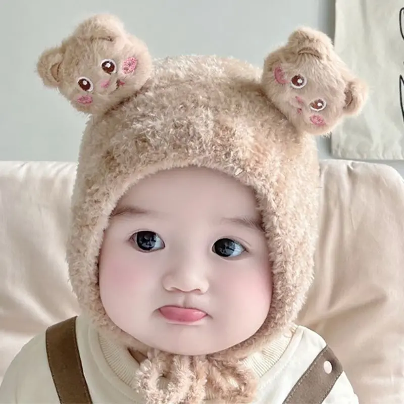 Mũ Trẻ Em Bé Nhồi Bông Thiết Kế Hình Gấu Hoạt Hình, Ấm Áp Mùa Đông, Lông Cừu San Hô Dày, Mũ Bảo Vệ Tai Cho Trẻ Sơ Sinh, Dễ Thương Và Chống Gió, Thích Hợp Cho Bé Trai Và Bé Gái Mới Biết Đi, Mũ Len 5
