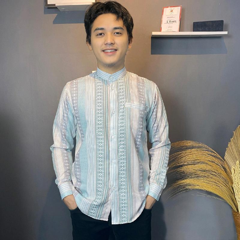 HM - Kemeja koko pria Dewasa lengan panjang Motif salur Batik, Atasan baju lebaran Keren Muslim terbaru 2025.Katun Formal Casual Santai 9