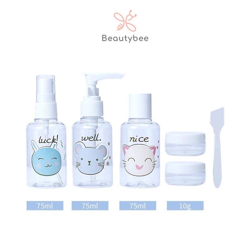 BOTOL TRAVEL SET + TEMPAT CREAM MOTIF CAT ISI 6 + POUCH (SY1039) 4
