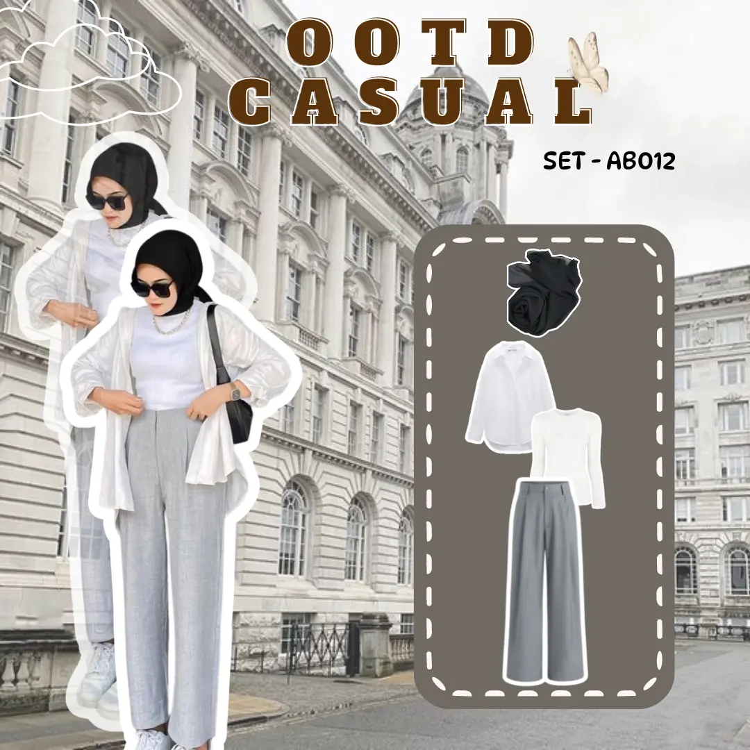 AB012 - 4 IN ONE SET REMAJA KOREAN LOOK HIJAB | OOTD CASUAL KEKINIAN ( Hijab Bella Square + Manset + Kemeja Putih + Celana Crinkle premium )