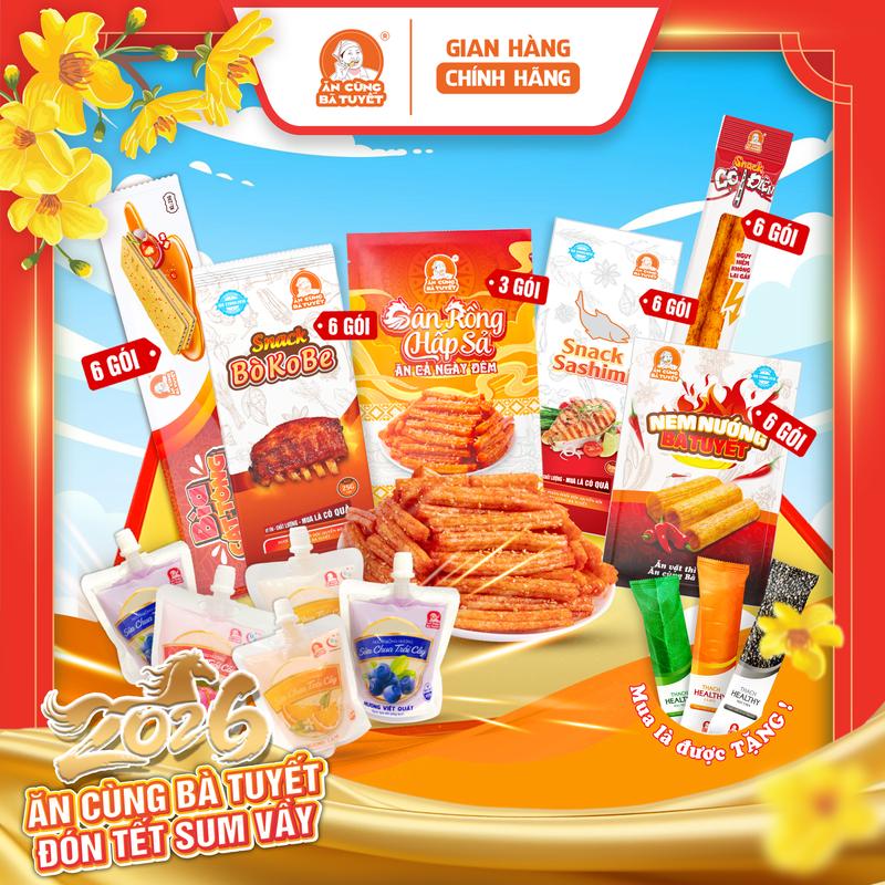   Tặng 3 gói thạch  Combo CHIẾN BINH TẬN THẾ gồm: 6 gói nem nướng bà Tuyết+ 6 gói snack sashimi + 6 gói snack bò kobe + 6 gói snack bìa cát tông + 6 gói cột điện + 3 gói snack gân rồng + 5 sữa chua bất kì- Ăn Cùng Bà Tuyết M3 