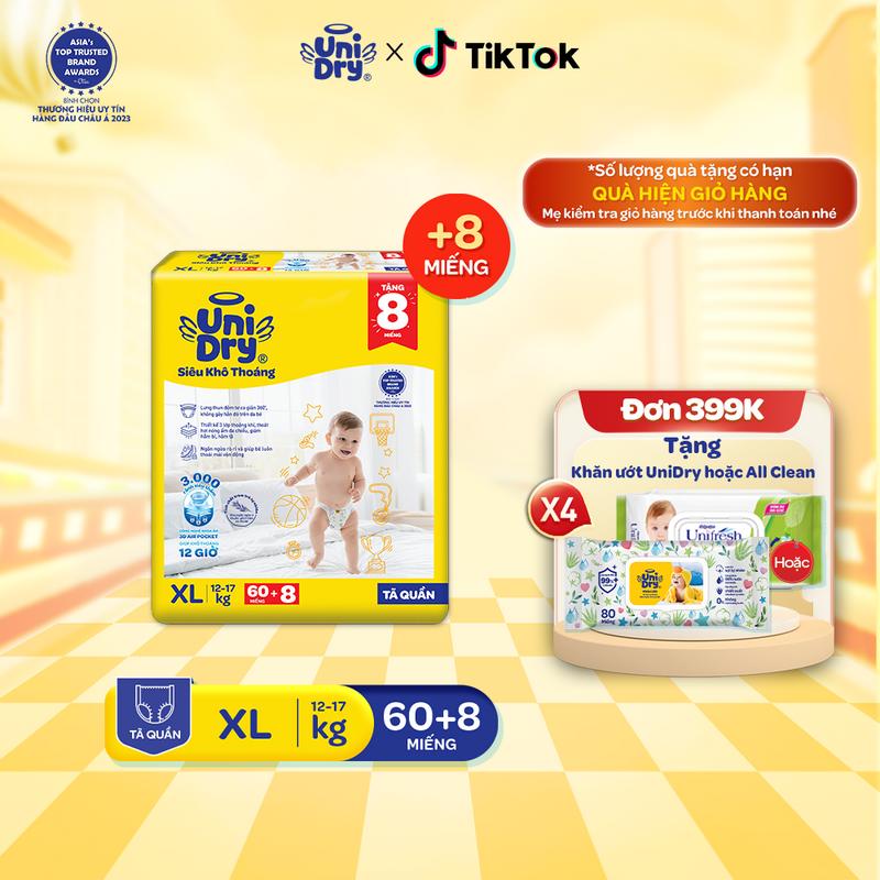 Tã quần UniDry Siêu khô thoáng gói Super Jumbo mới size M76/L68/XL60/XXL54 Cho Bé Bỉm Quần