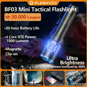 FLASHVOY Senter Digital BF03 LED 4 Core Super Terang 1800LM Layar Display Baterai Persen Flood Light Luas Magnet Kuat Clip Saku Baterai 21700 3800mAh Awet 20 Jam Type-C Waterproof Lampu Kerja Mekanik Outdoor Camping Original COD