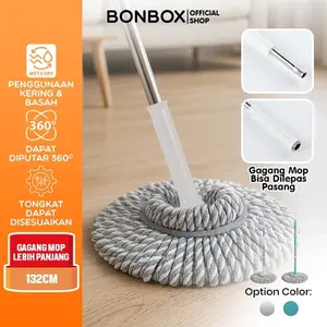 【EXCLUSIVE LIVE SUAN】BONBOX Alat Pel Lantai  Microfiber Putar Otomatis Magic Twist Mop Alat Pel Lantai Peras Otomatis Alat Pel Tongkat Pel + Kain Pel Set Mop Stick Set with Headmop Adjustable Digunakan Untuk Semua Type Produk Pel Bonbox BCT3903 BCT3302