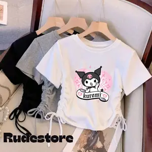 Baju crop top wanita usia 3-12 tahun kaos serut samping anak perempuan motif kuromi dalam love lucu - Trend fashion kids korean style - pakaian atasan korea cewek
