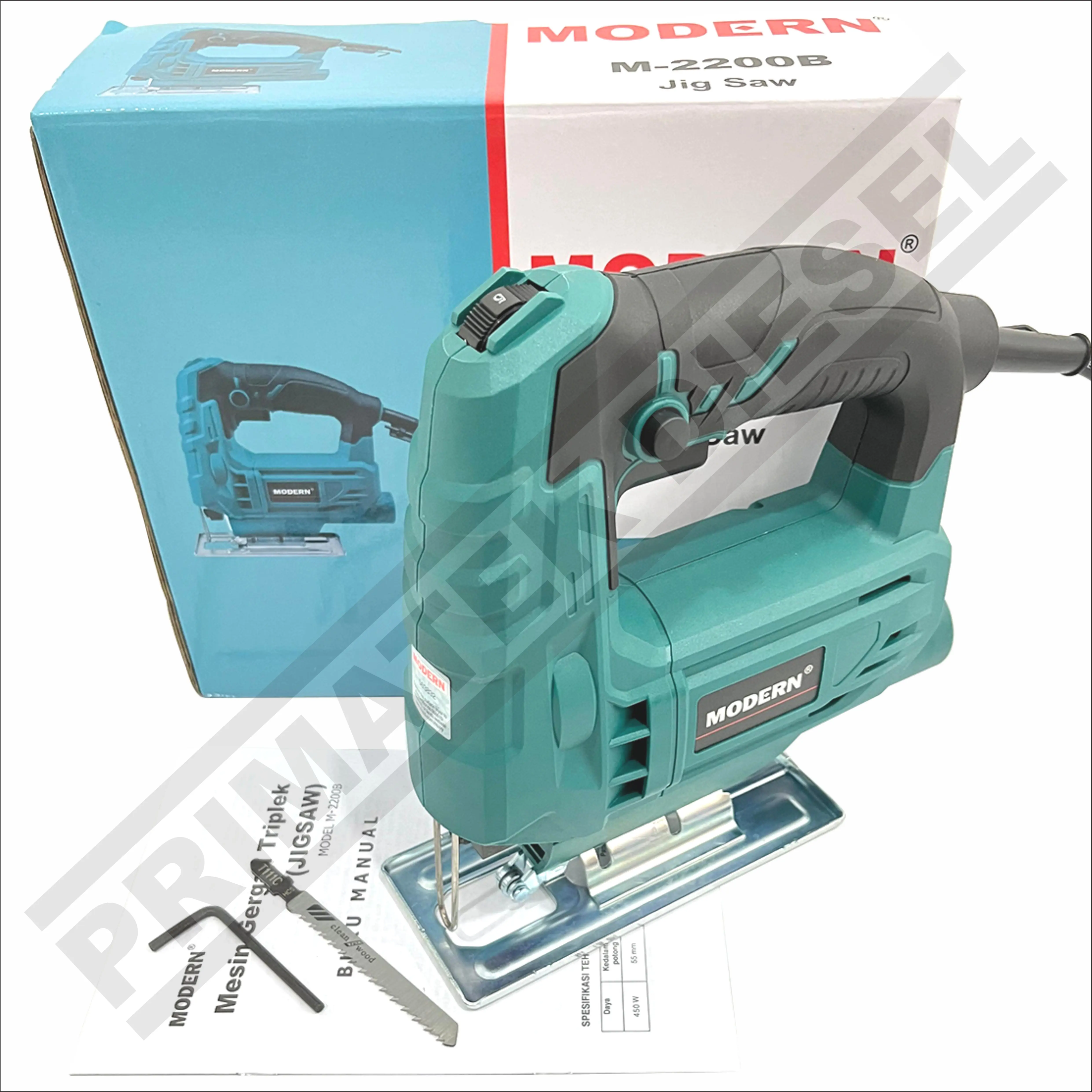 (MODERN M-2200B) Mesin Gergaji Jigsaw MODERN M2200B / Mesin Gergaji Jig Saw Pemotong Potong Kayu Triplek Mika Akrilik M 2200B M 2200 B MODERN / Mesin Gergaji Kayu Triplek Mika Akrilik Variable Speed 450 Watt 450 W MODERN
