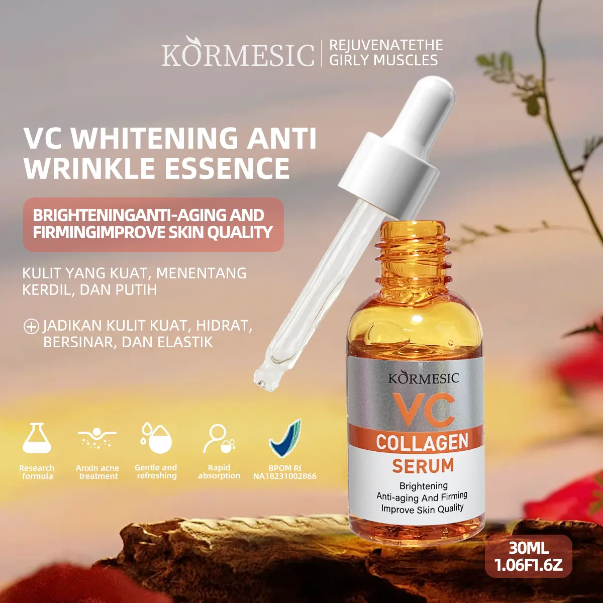 BPOM Serum KORMESIC VC+ Kolagen, Pemutihan, Pencerahan, Pelembap, Menenangkan Anti-Penuaan Anti-Kedut Penjagaan Kulit  30ml - Mencerahkan, Wajah Essence Perawatan Aging Bopeng Wanita Pria Hitam Mengencangkan Hyaluronic