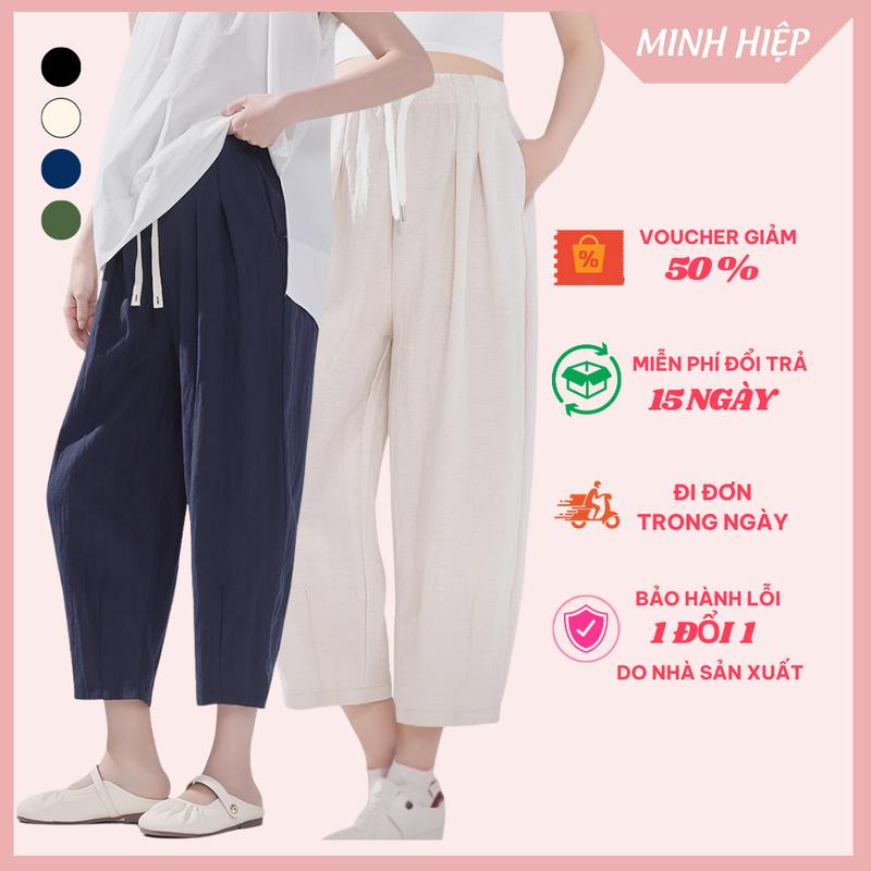 Quần bầu dài baggy chất vải đũi mềm mại thoáng mát có dây rút để điều chỉnh vòng eo ống rộng dáng xuông - QD08