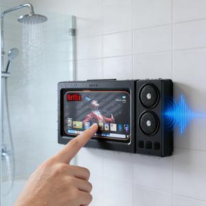 防水ボックススピーカー、360°回転式タッチスクリーン付きバスルーム用防水Bluetoothスピーカー、映画鑑賞・音楽鑑賞・電話対応Bluetoothスピーカーオーディオシャワーテレビホルダー、プール、キッチン、浴室、シンク用