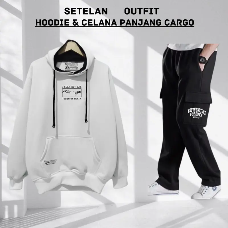 Stelan Outfit Cowok Cewek Oneset Hoodie Celana Panjang Pria Wanita Distro Setelan Sweater Celana Cargo Keren Bahan Tebal Flece Brend Midnight Company Size M L XL XXL Hitam setelan  cargo setelan starboy pria one  set Casual 2